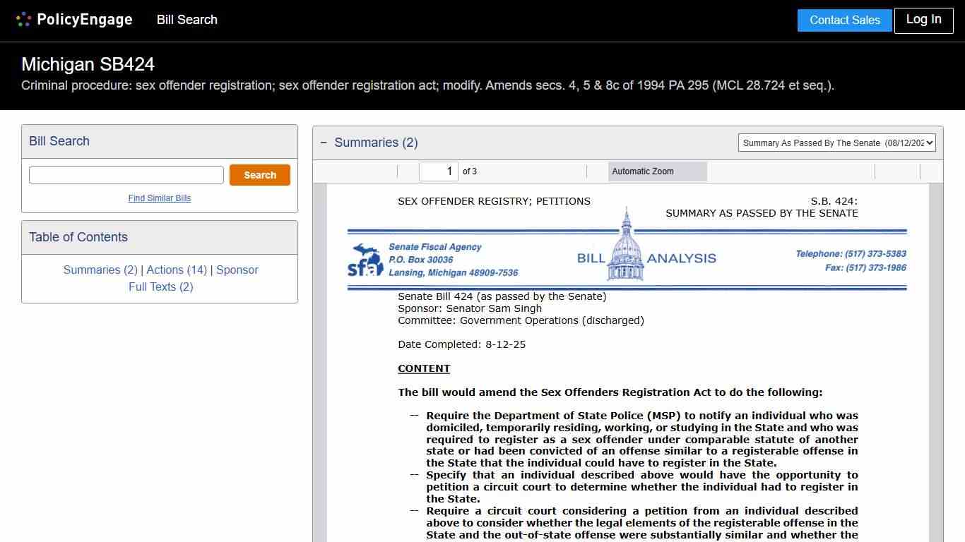 SB424 Michigan 2025-2026 Criminal procedure: sex offender registration; sex offender registration act; modify. Amends secs. 4, 5 & 8c of 1994 PA 295 (MCL 28.724 et seq.). - Legislative Tracking PolicyEngage